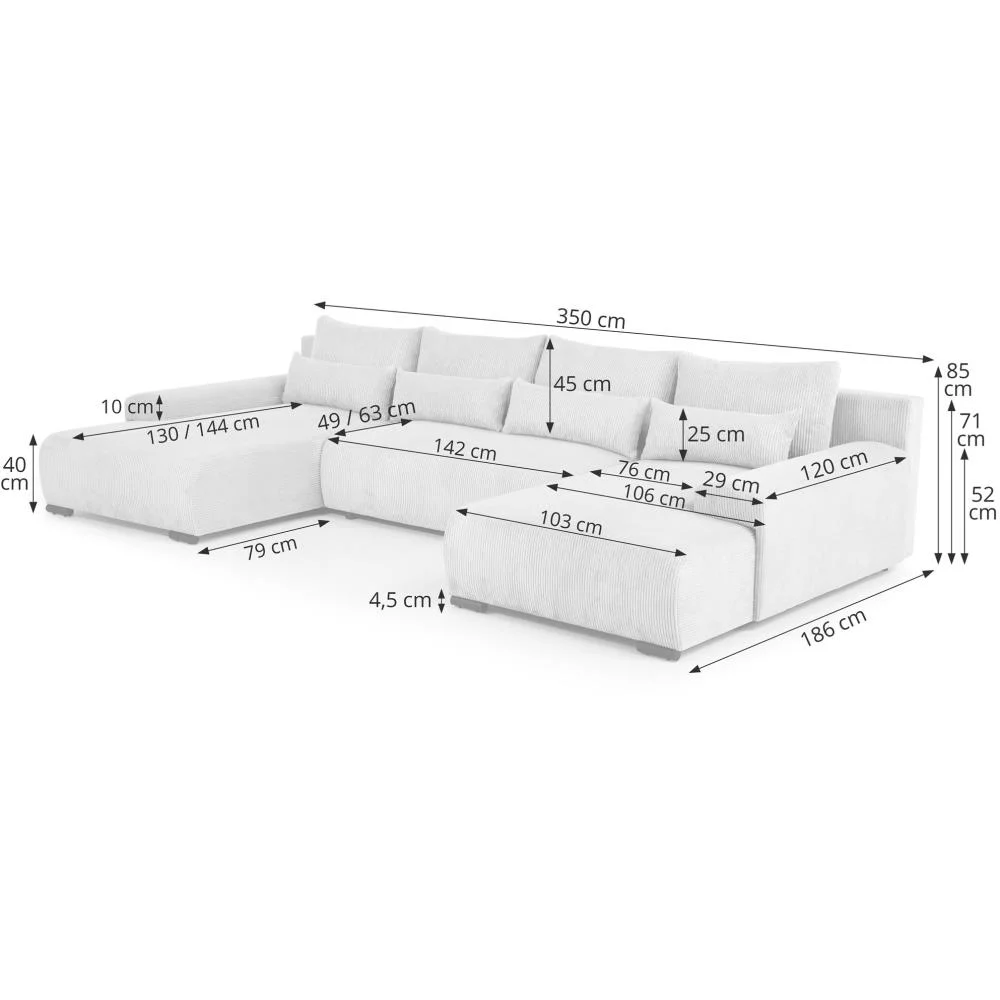Narożnik Bolton U – wymiary 350 x 185 x 82 cm, powierzchnia spania 135x295 cm