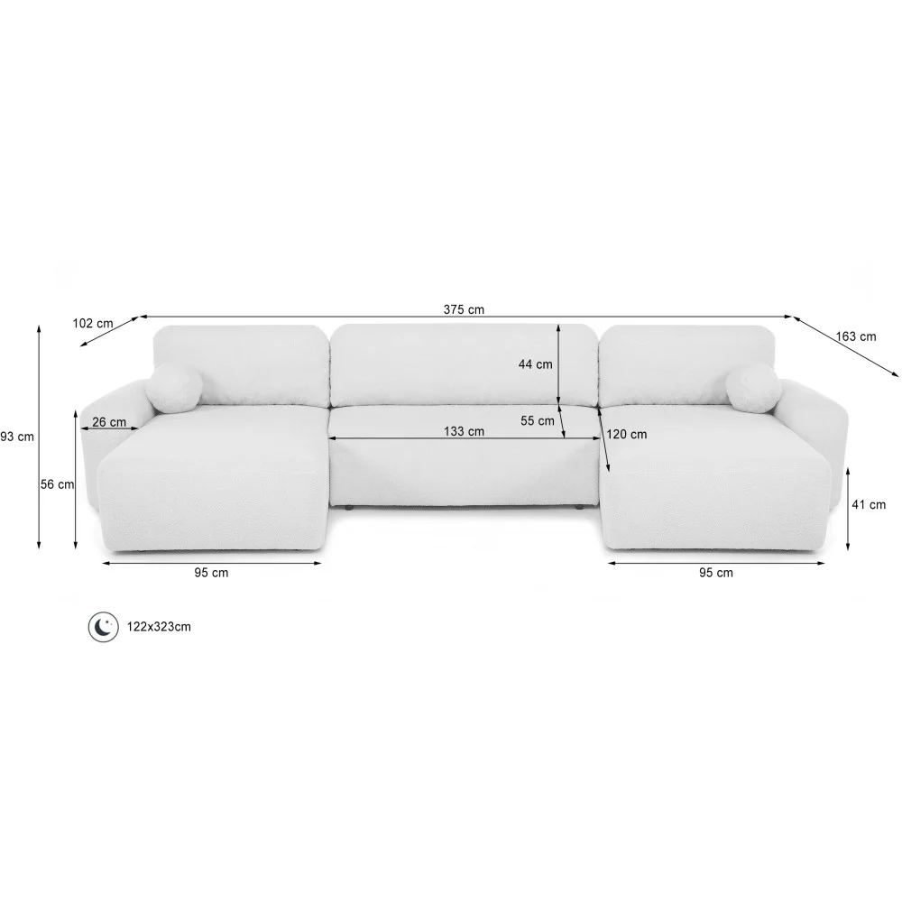 Narożnik Naomi U – wymiary 375 x 163 x 93 cm, powierzchnia spania 323x122 cm