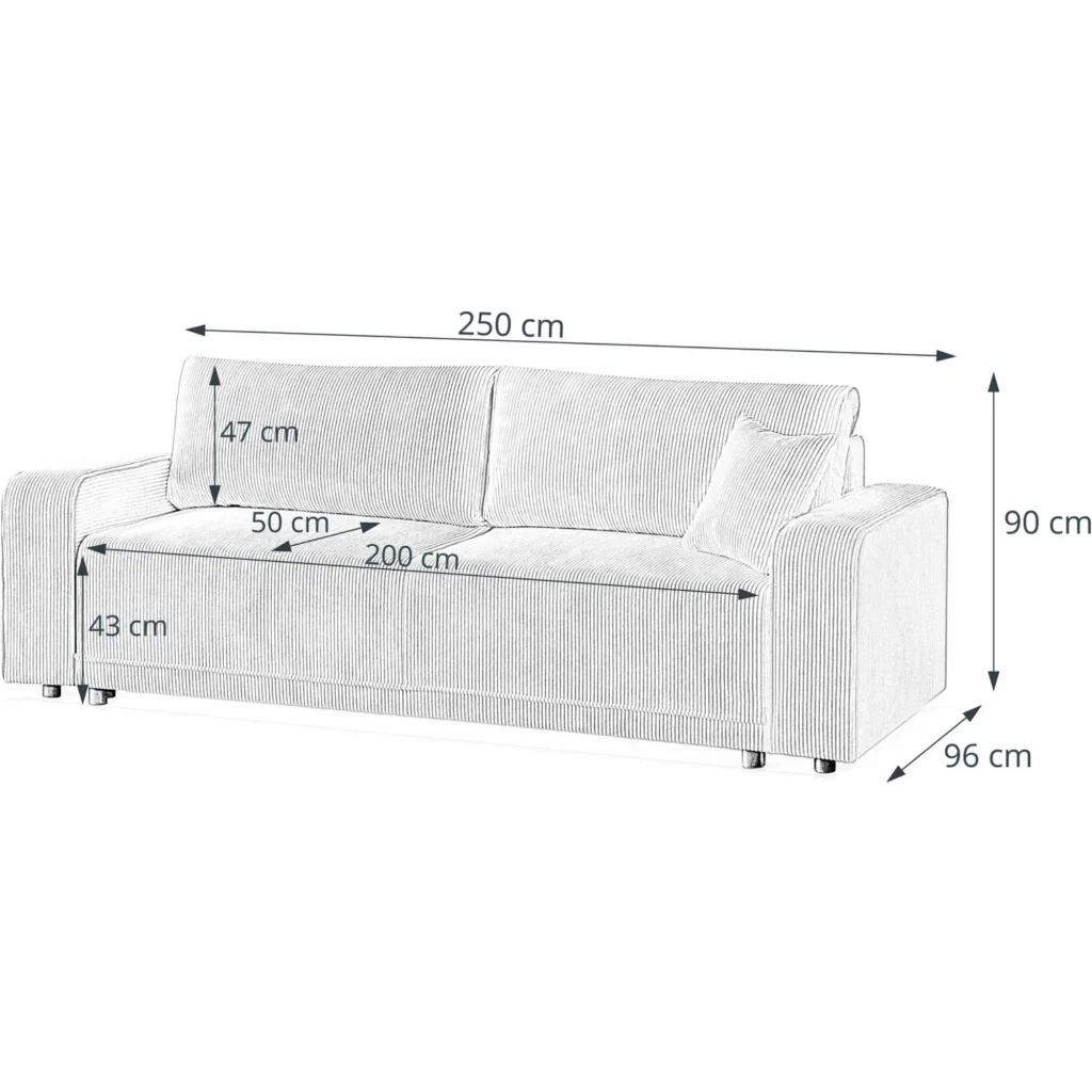 Kanapa Posso – wymiary 250 x 96 x 90 cm, powierzchnia spania 200x136 cm