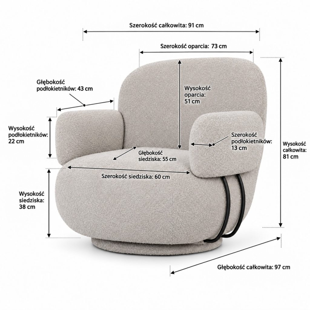 Fotel obrotowy Riva — wymiary produktu